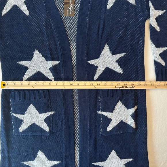 Evelyn Taylor Star Print Cardigan Sweater Knit Open Front Blue Large NWT - Picture 5 of 11